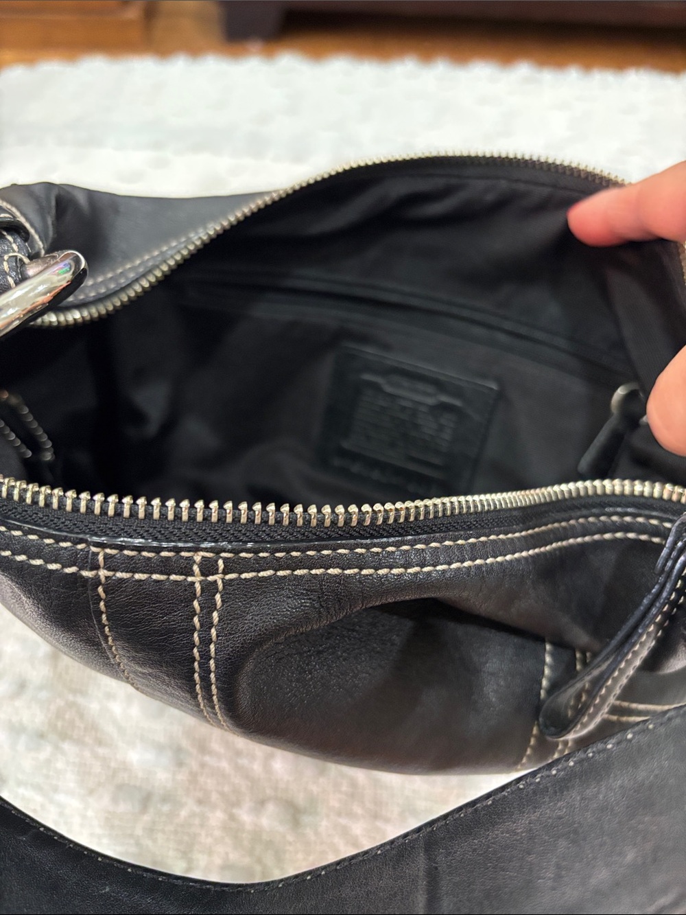 Coach Black Leather Crescent Shoulder Bag with White Contrast Stitching - Picture 8 of 8